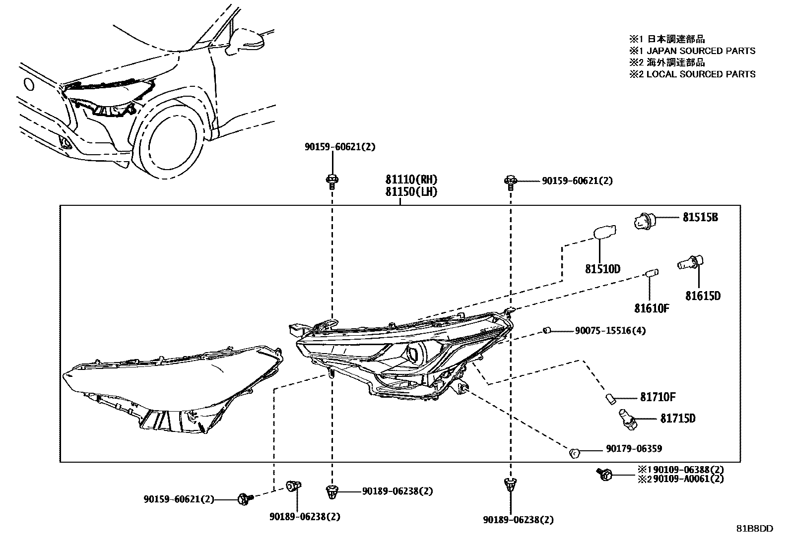 Toyota COROLLA Headlamp EPC diagram — 81B8DD