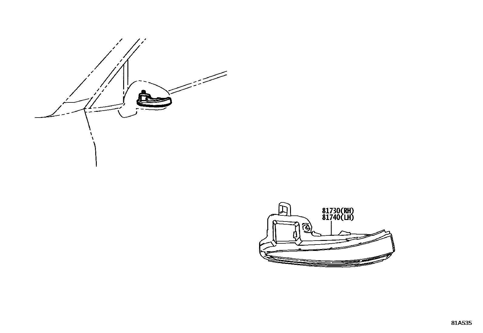 Toyota COROLLA Side Turn Signal & Outer Mirror Lamp EPC diagram — 81A535