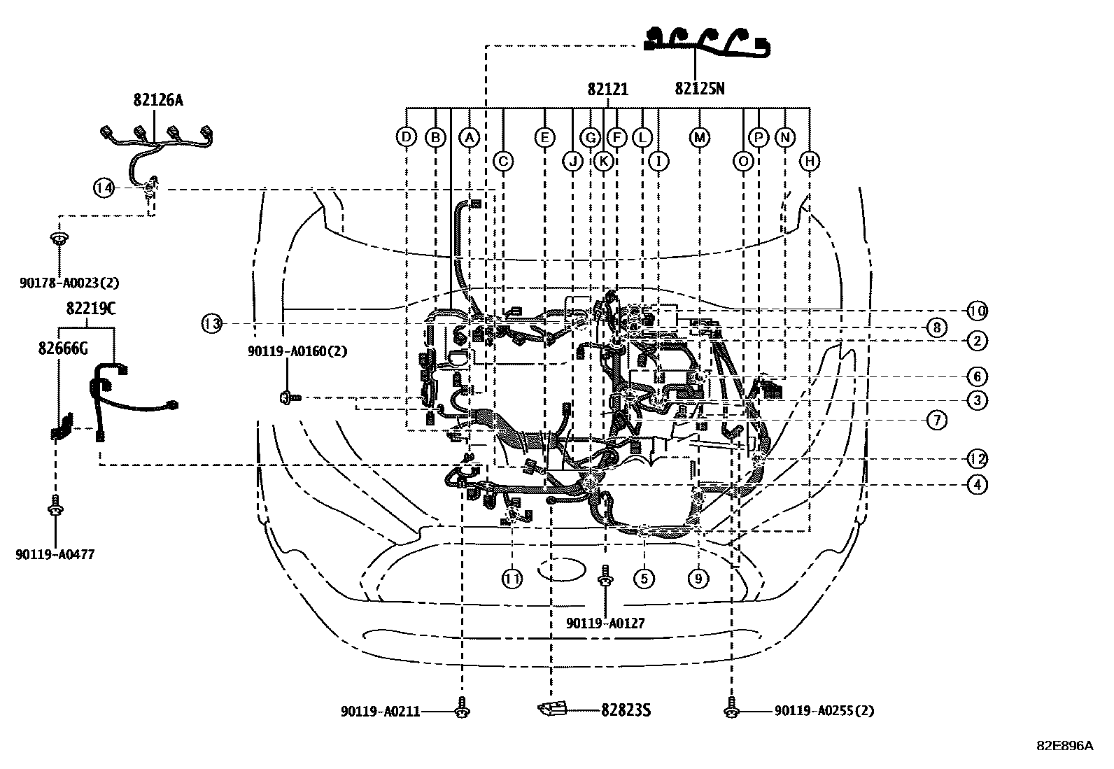 Toyota COROLLA 线束和卡夹 EPC diagram — 82E896A