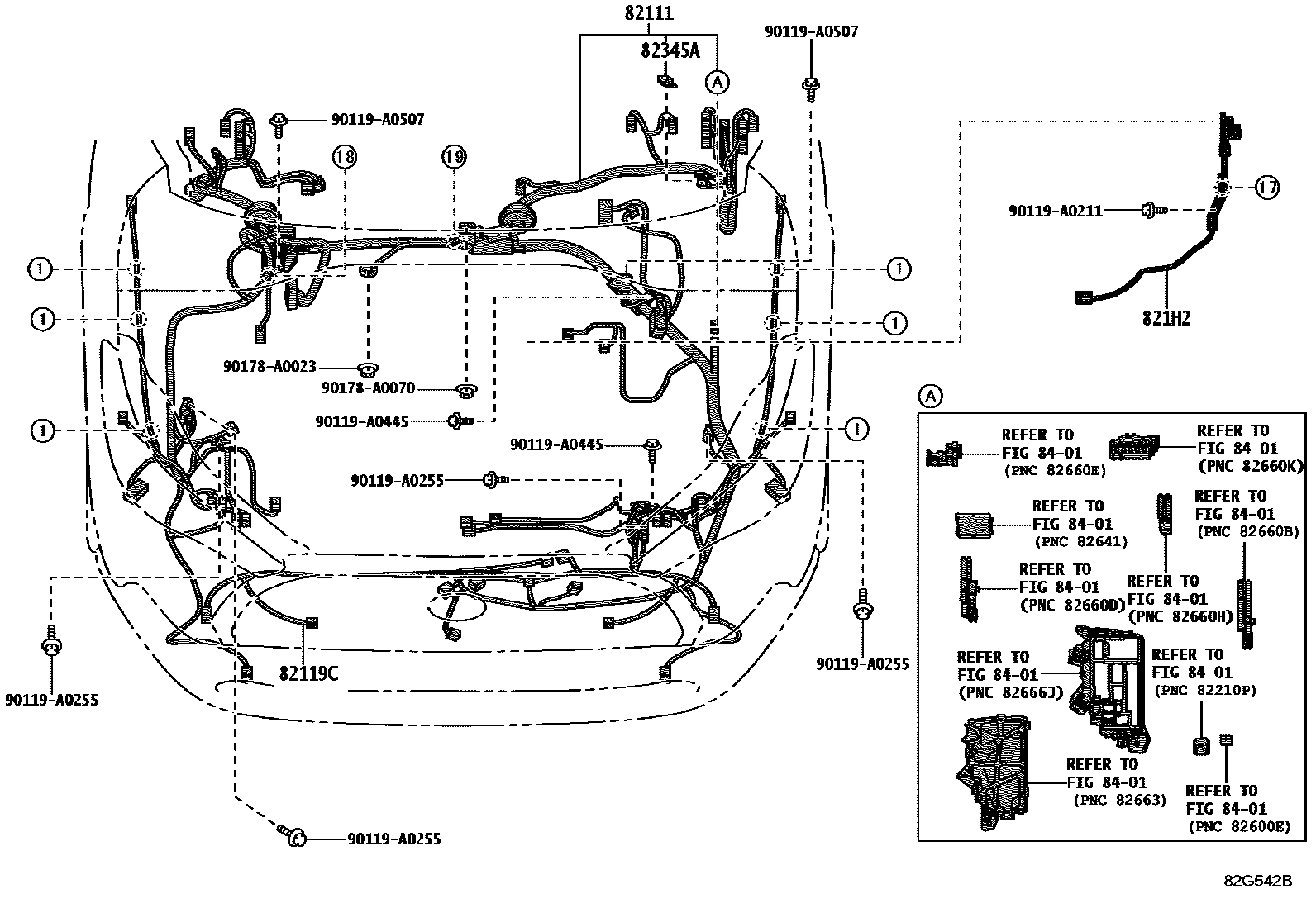 Toyota COROLLA 线束和卡夹 EPC diagram — 82G542B