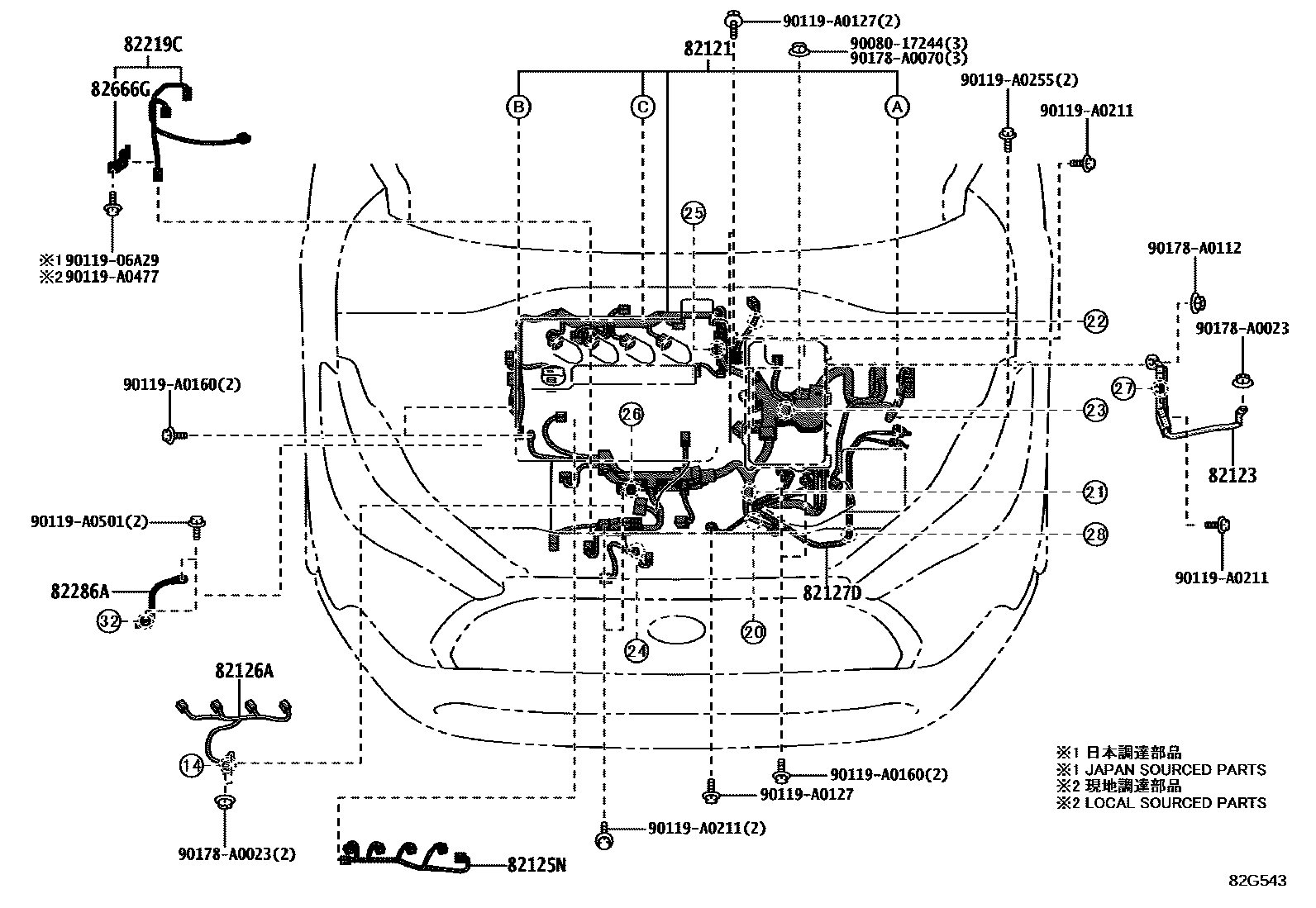 Toyota COROLLA 线束和卡夹 EPC diagram — 82G543
