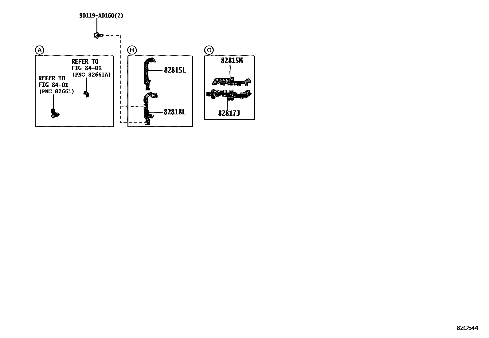 Toyota COROLLA 线束和卡夹 EPC diagram — 82G544
