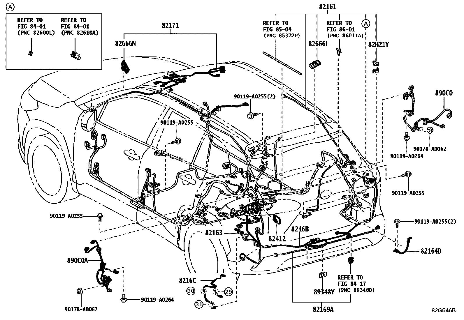 Toyota COROLLA 线束和卡夹 EPC diagram — 82G546B