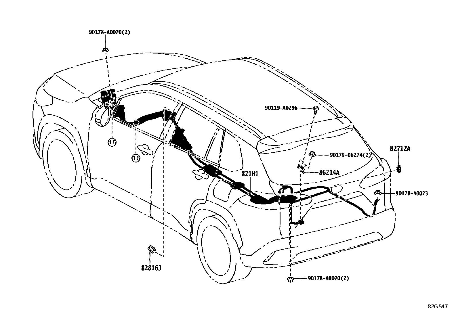 Toyota COROLLA 线束和卡夹 EPC diagram — 82G547