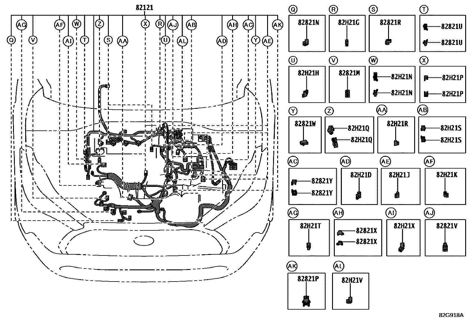 Toyota COROLLA 线束和卡夹 EPC diagram — 82G918A