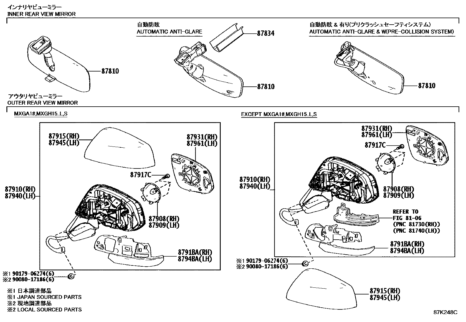 Toyota COROLLA 后视镜 EPC diagram — 87K248C
