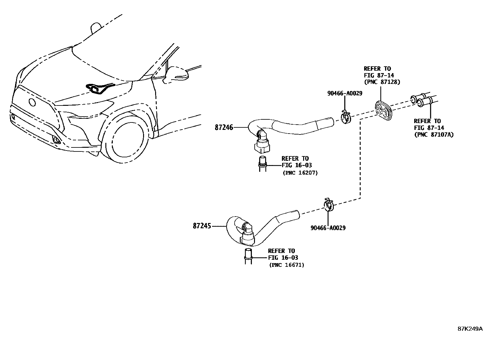 Toyota COROLLA 暖风和空调系统 - 水管 EPC diagram — 87K249A