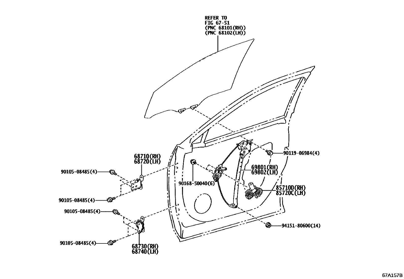 Toyota RAV4 前门车窗升降器和合页 EPC diagram — 67A157B