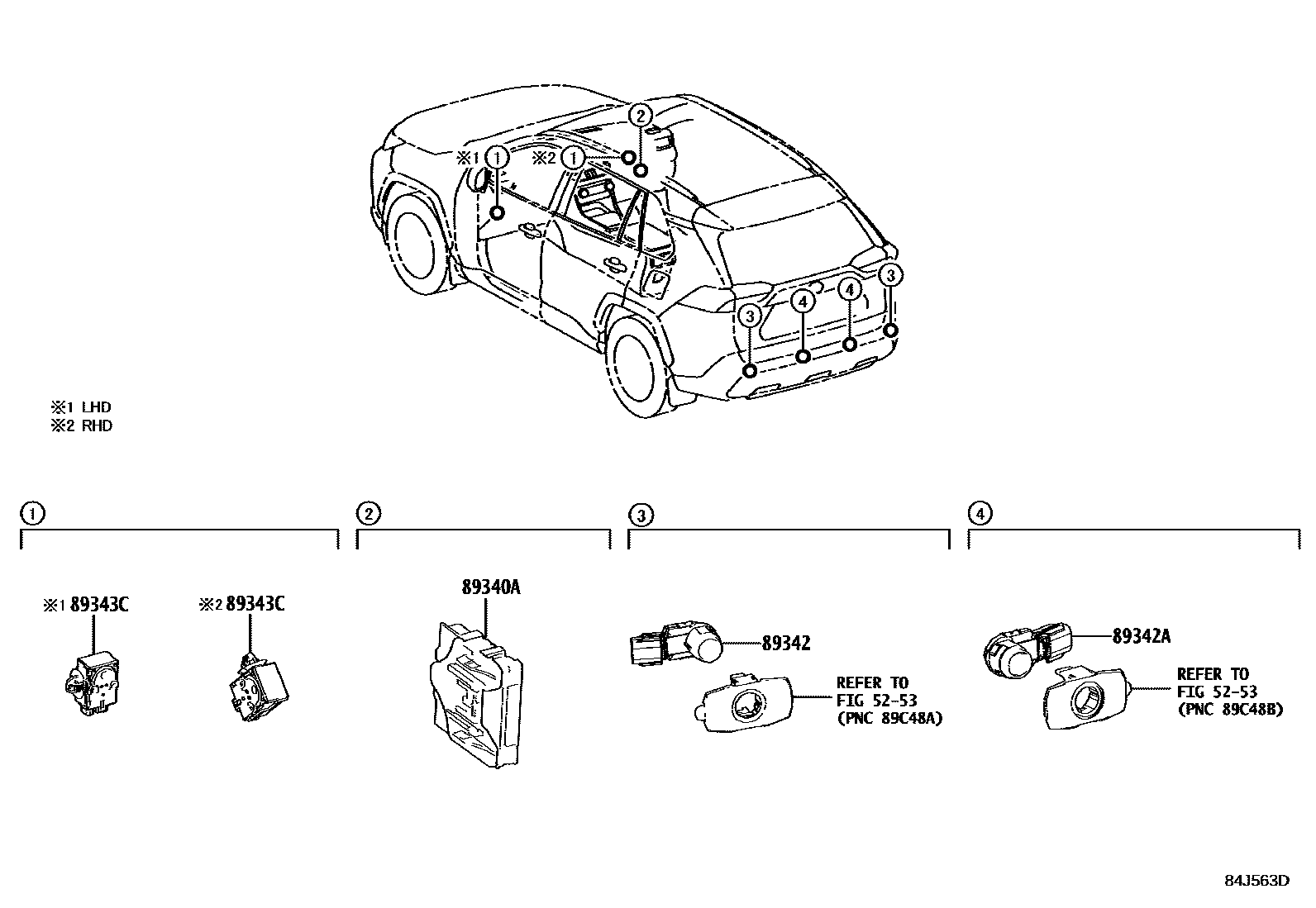 Toyota RAV4 测距雷达和倒车雷达 EPC diagram — 84J563D