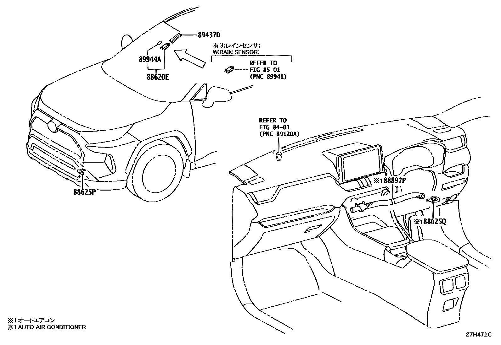 Toyota RAV4 暖风和空调系统 - 控制器和风管 EPC diagram — 87H471C