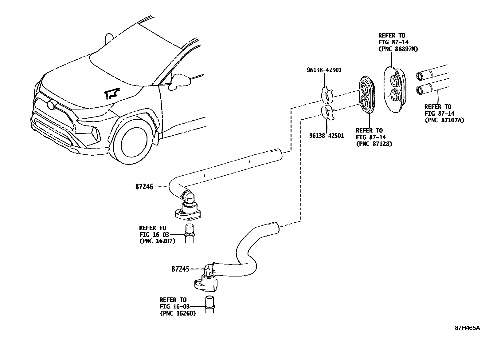 Toyota RAV4 暖风和空调系统 - 水管 EPC diagram — 87H465A