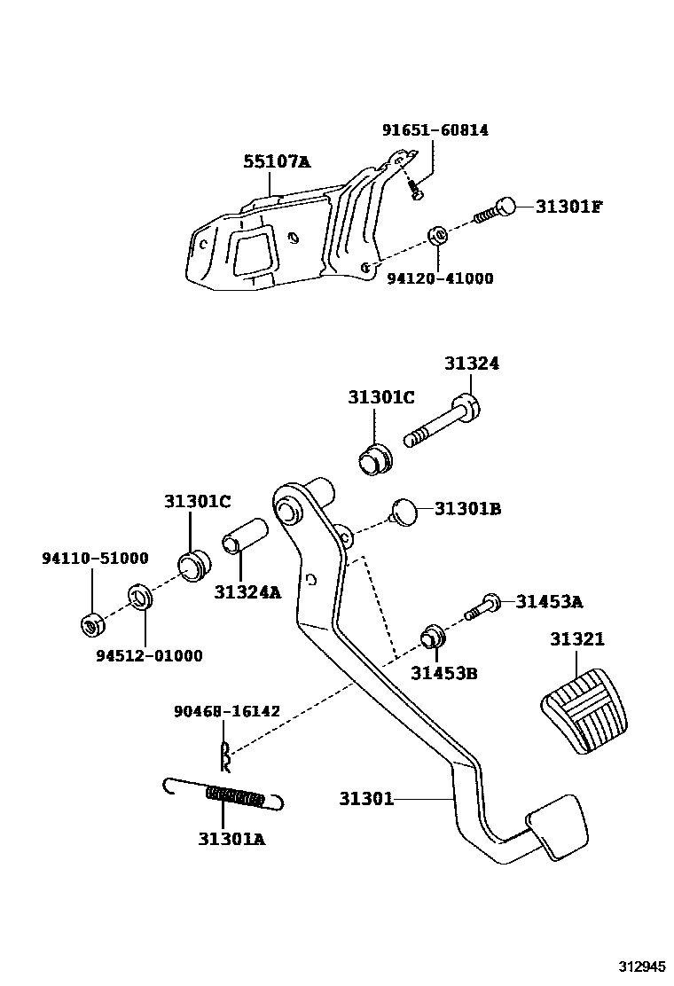 Toyota RAV4 离合器踏板和挠性软管 EPC diagram — 312945