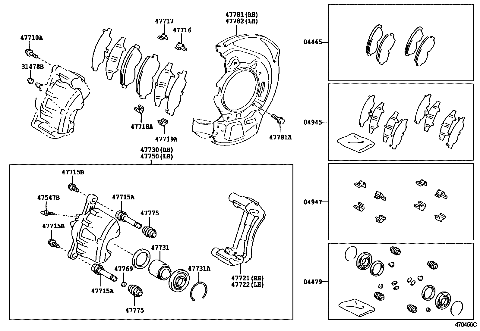 Toyota RAV4 前盘式制动器卡钳和防尘罩 EPC diagram — 470456C