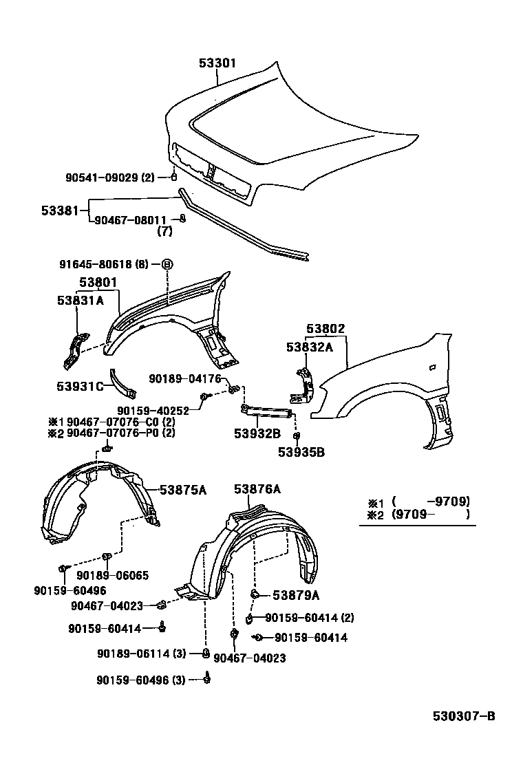 Toyota RAV4 发动机盖和前翼子板 EPC diagram — 530307B