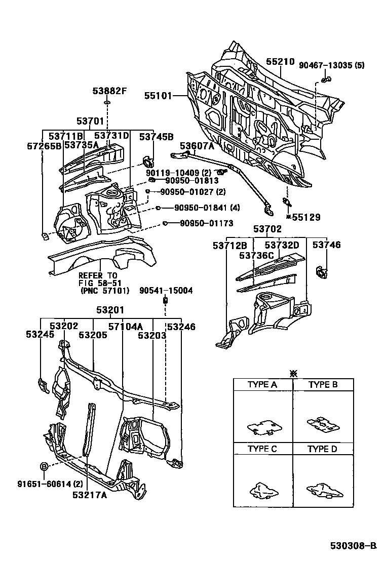 Toyota RAV4 前翼子板挡泥板和前围板 EPC diagram — 530308B