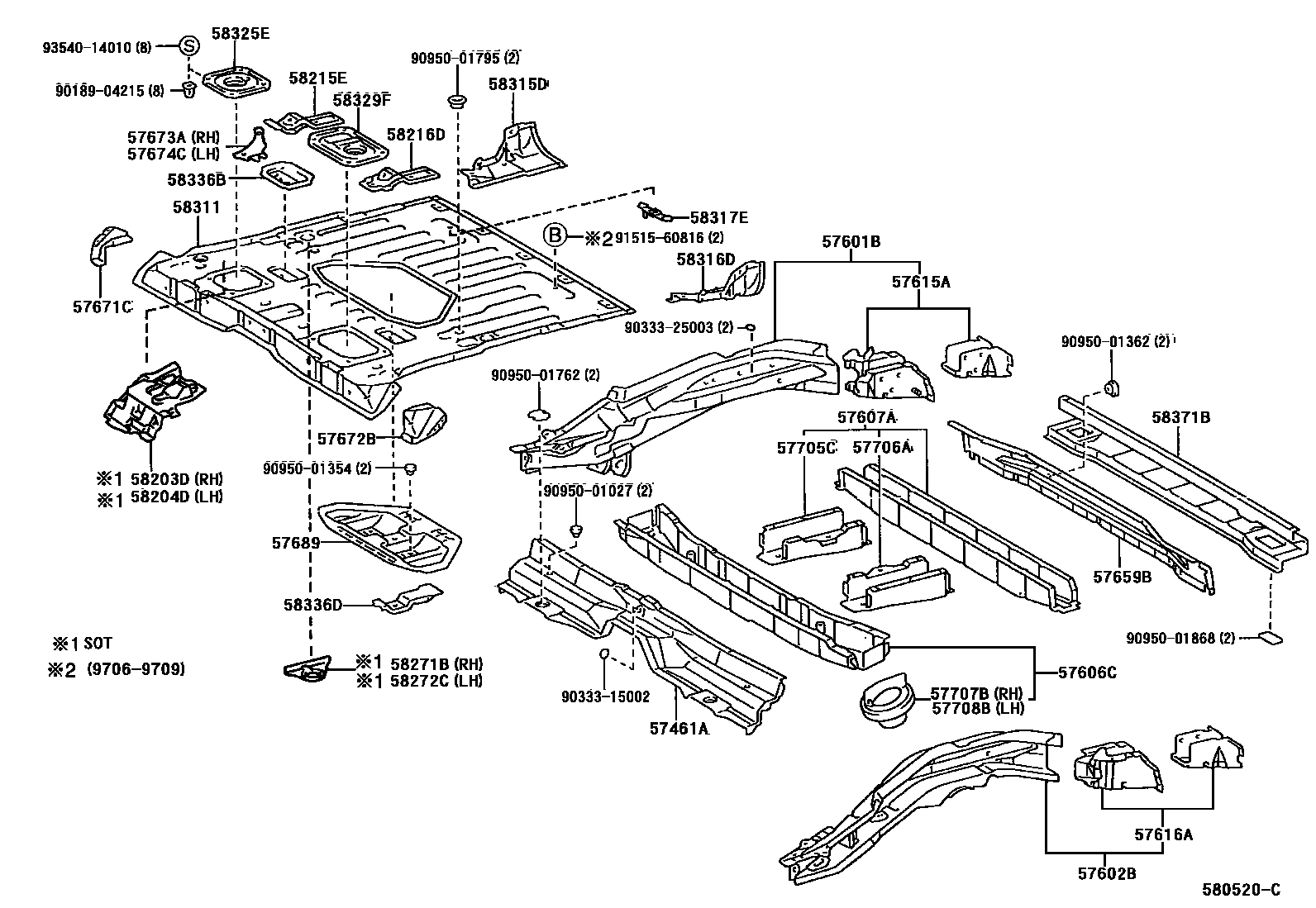 Toyota RAV4 后地板和后地板梁 EPC diagram — 580520C