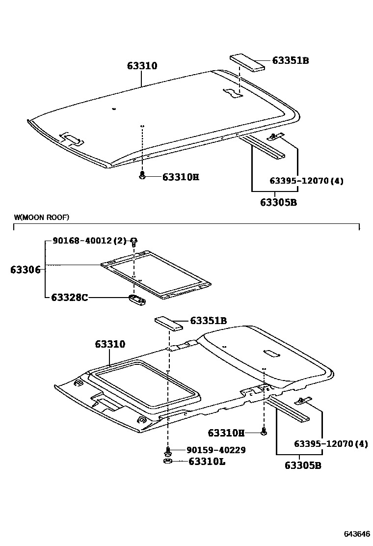 Toyota RAV4 车顶内衬和消声垫 EPC diagram — 643646