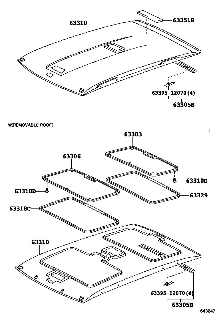 Toyota RAV4 车顶内衬和消声垫 EPC diagram — 643647