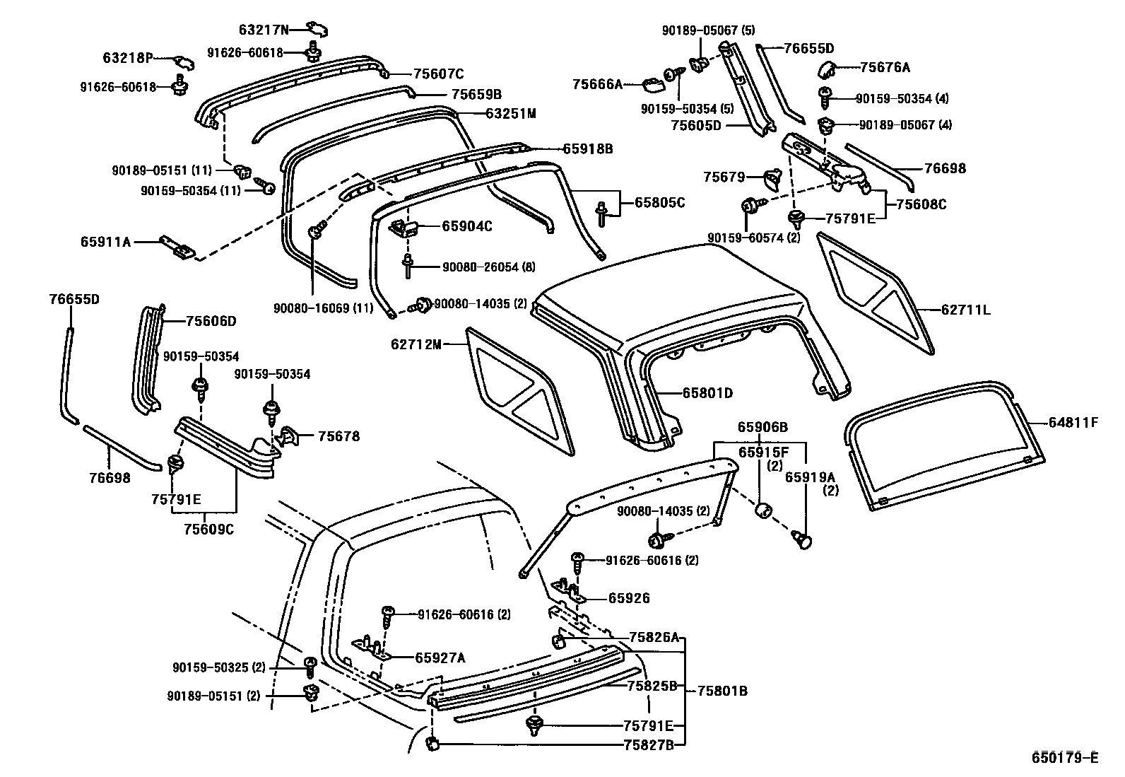 Toyota RAV4 后车身顶部窗帘和天窗板 EPC diagram — 650179E
