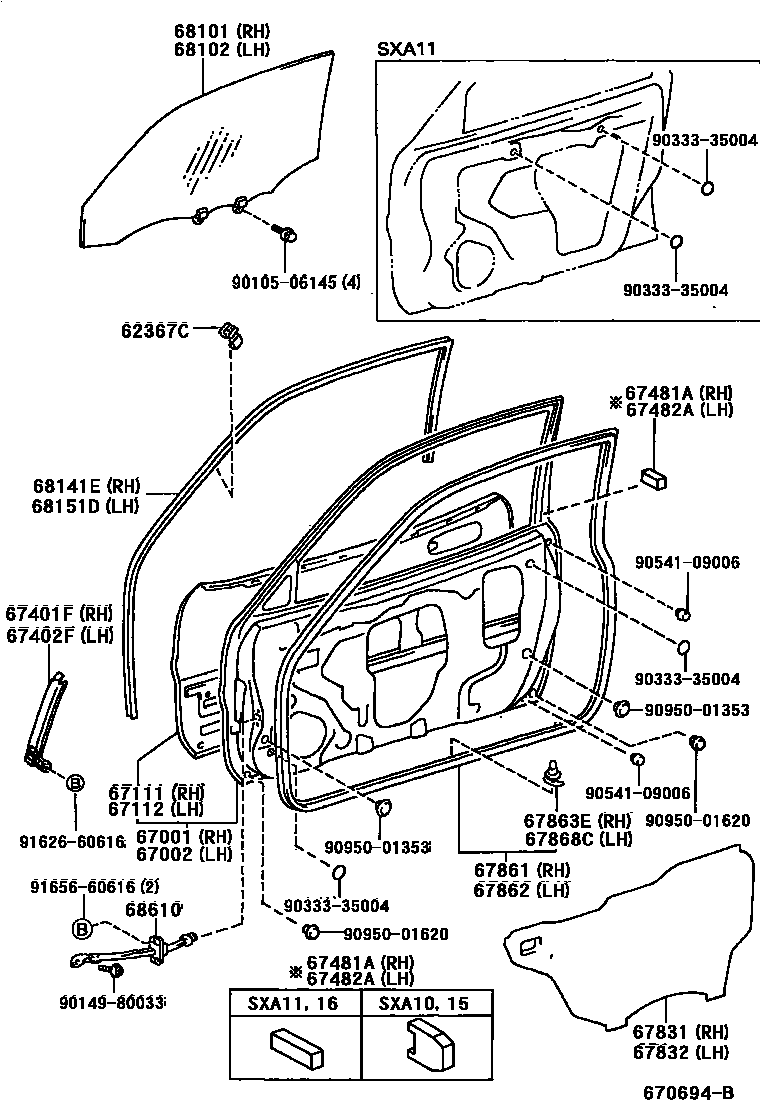 Toyota RAV4 前门板和前门玻璃 EPC diagram — 670694B