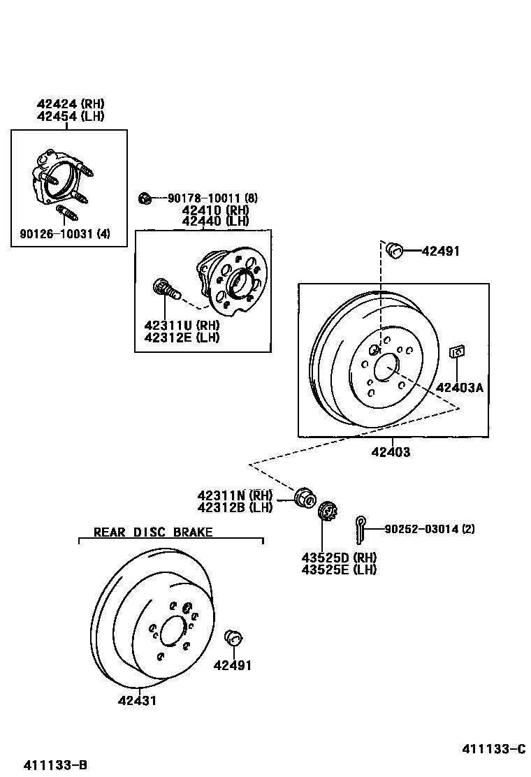 Toyota RAV4 后桥半轴和后桥轮毂 EPC diagram — 411133C