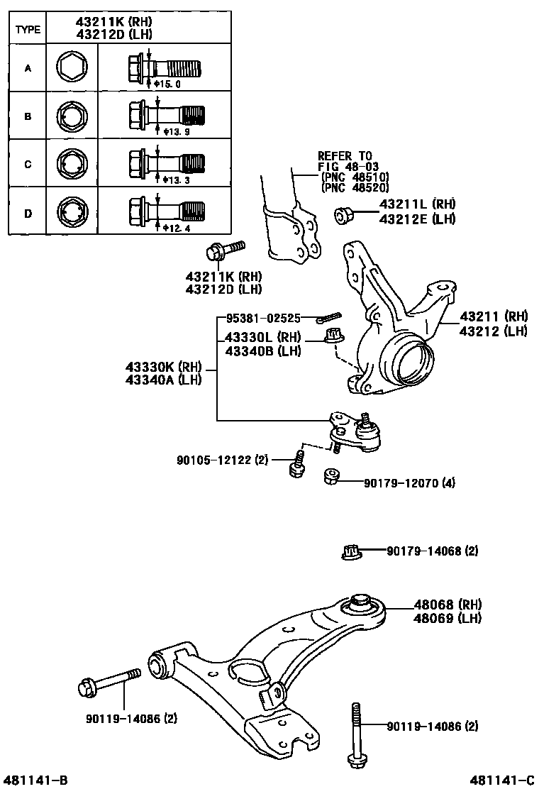 Toyota RAV4 前桥控制臂和转向节 EPC diagram — 481141C