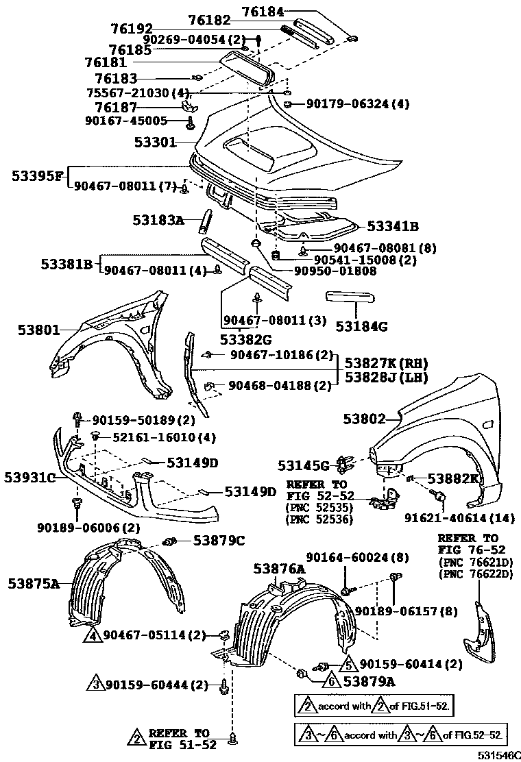 Toyota RAV4 发动机盖和前翼子板 EPC diagram — 531546C