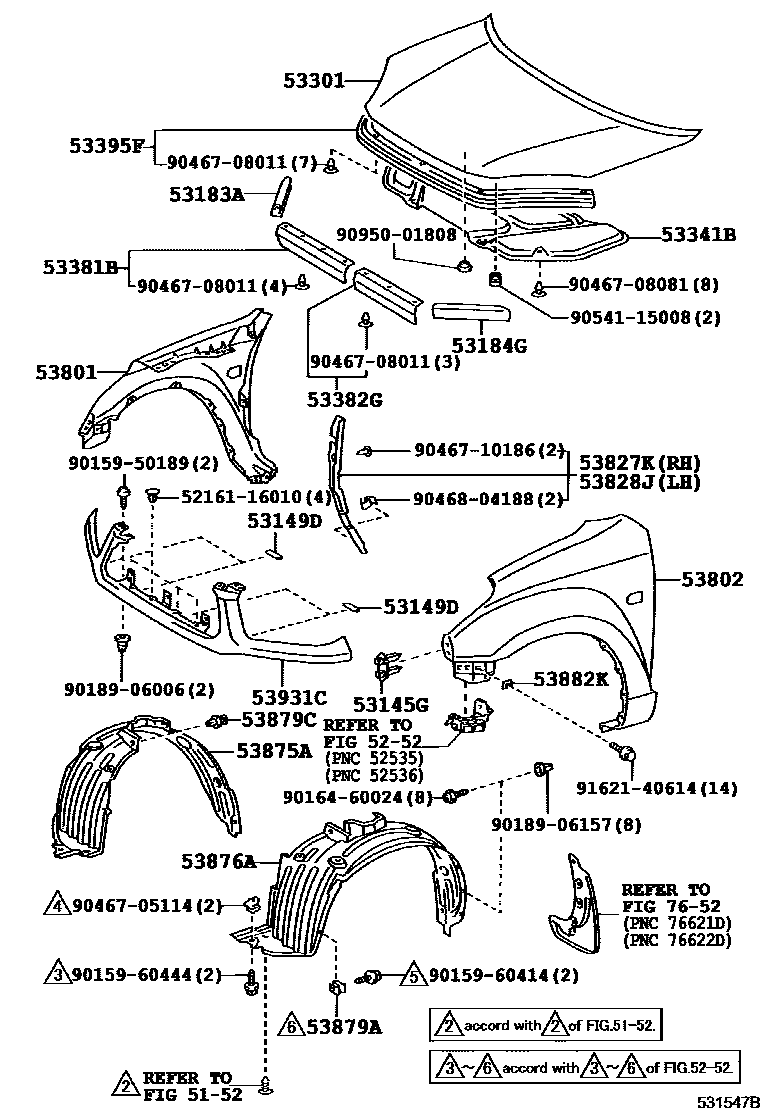 Toyota RAV4 发动机盖和前翼子板 EPC diagram — 531547B
