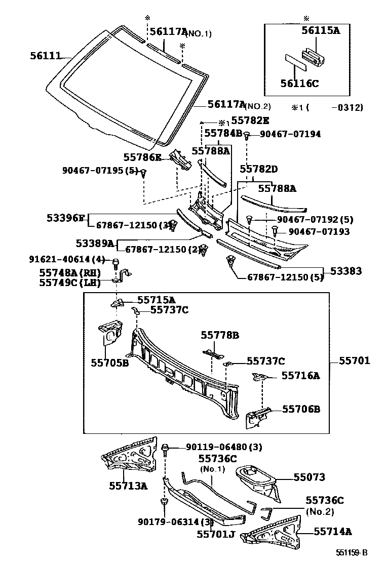 Toyota RAV4 前围板和挡风玻璃 EPC diagram — 551159C