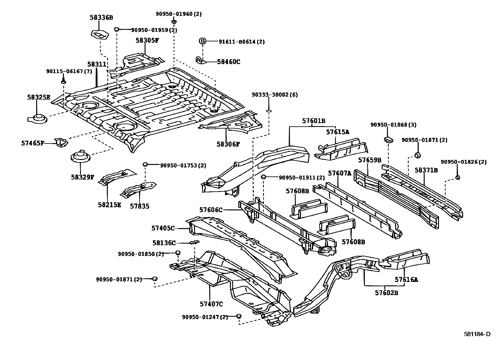 Toyota RAV4 后地板和后地板梁 EPC diagram — 581184D