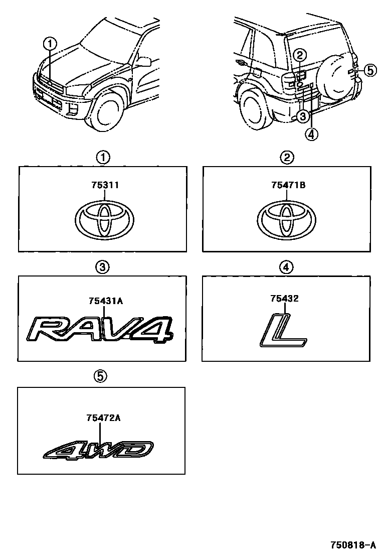 Toyota RAV4 徽标和铭牌 EPC diagram — 750818A