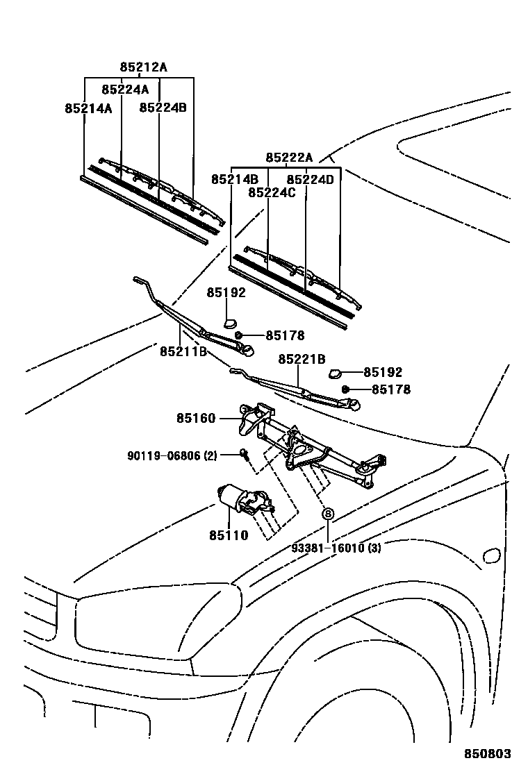Toyota RAV4 挡风玻璃刮水器 EPC diagram — 850803