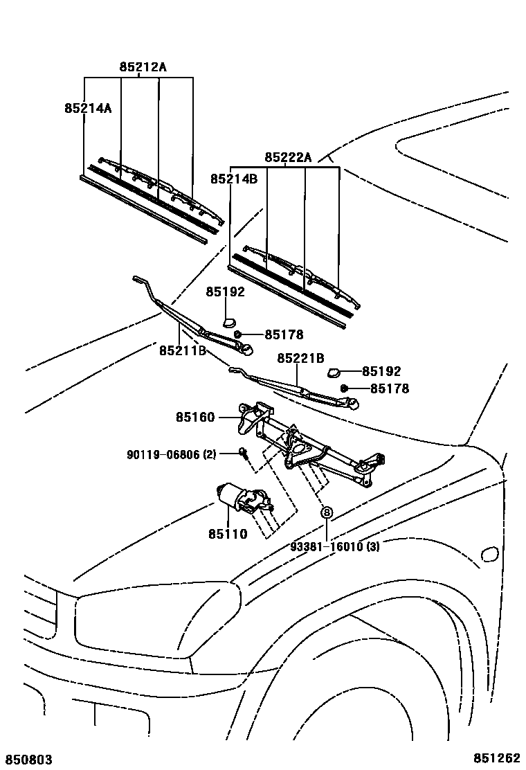 Toyota RAV4 挡风玻璃刮水器 EPC diagram — 851262