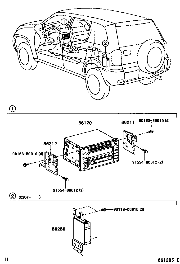 Toyota RAV4 收音机、放大器和冷凝器 EPC diagram — 861205E
