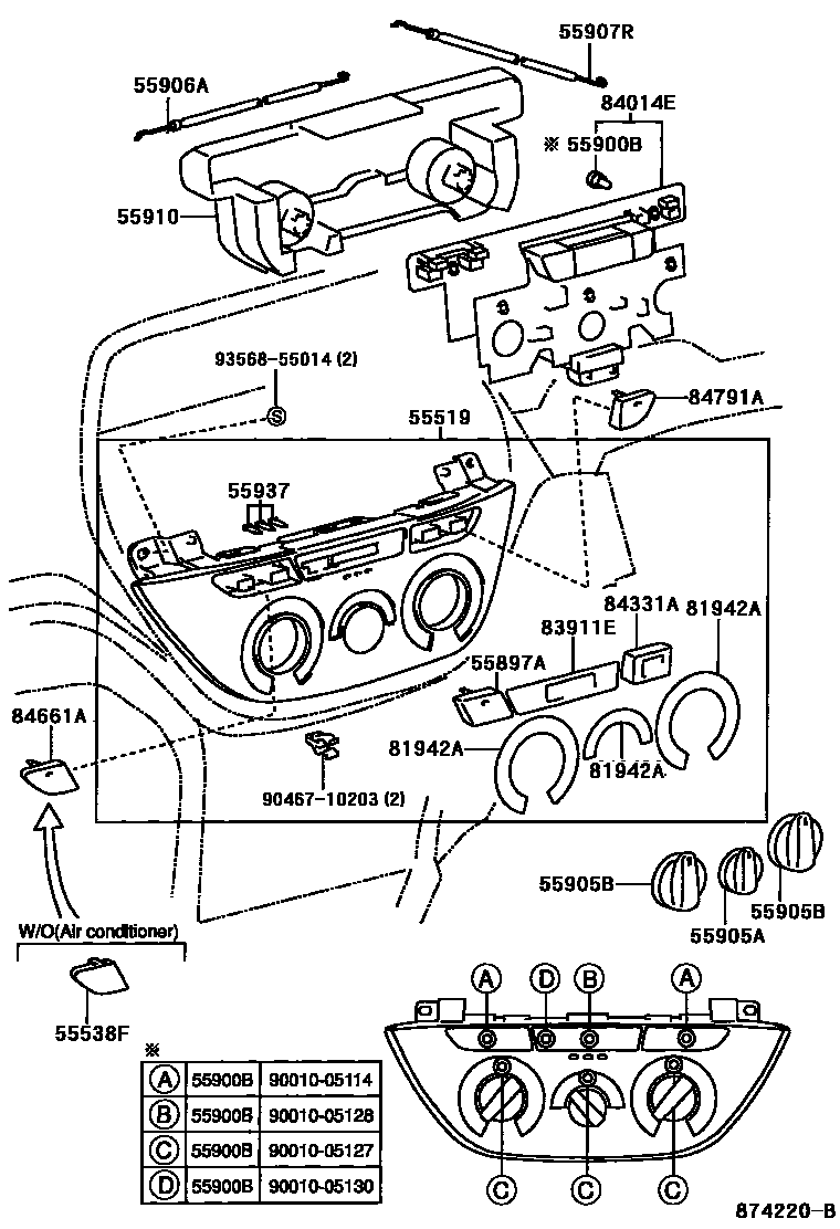 Toyota RAV4 暖风和空调系统 - 控制器和风管 EPC diagram — 874220B