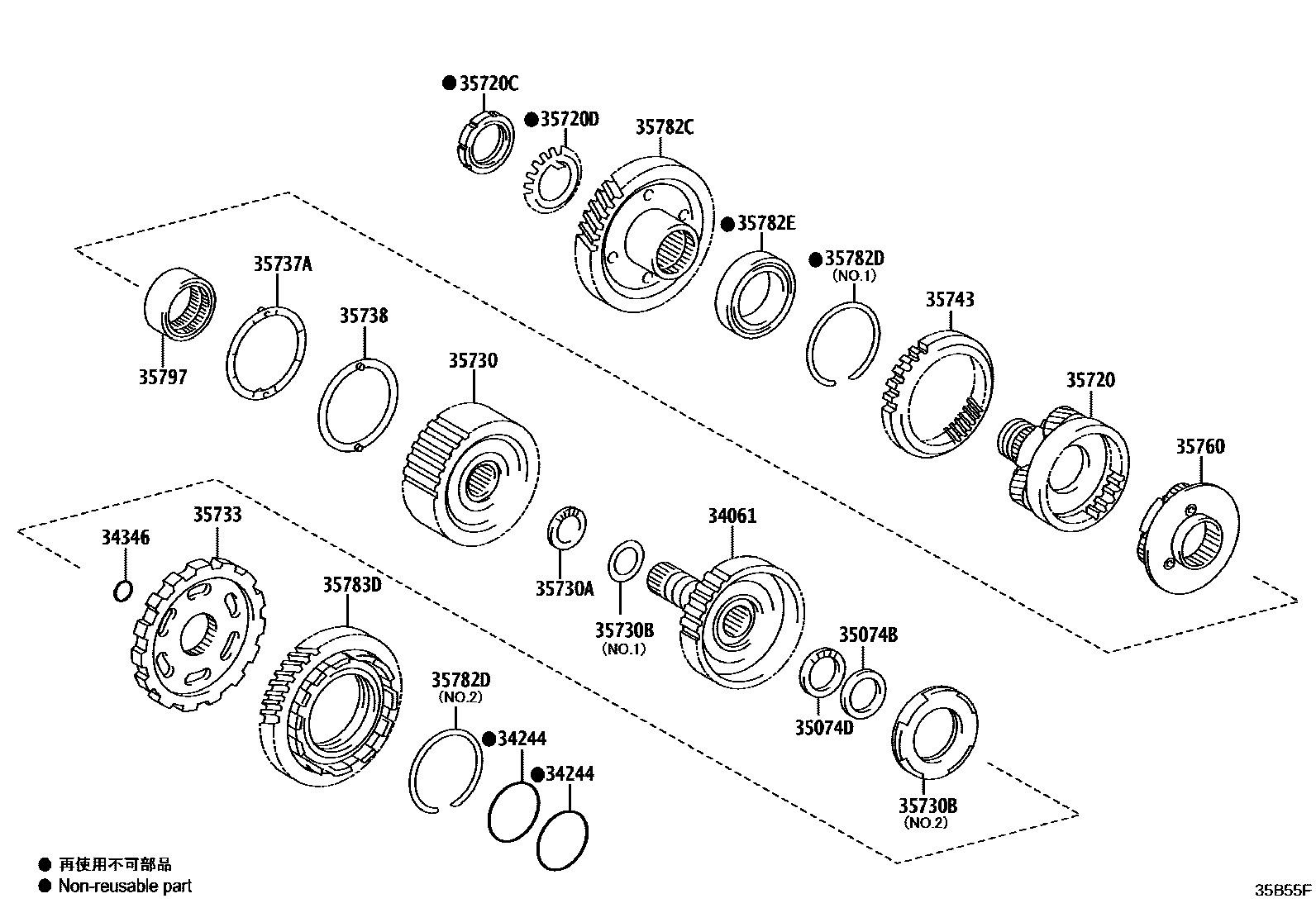Toyota RAV4 行星齿轮、倒档活塞和中间轴齿轮(ATM) EPC diagram — 35B55F