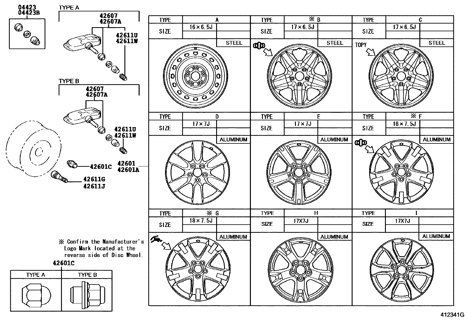 Toyota RAV4 车轮和车轮盖 EPC diagram — 412341G