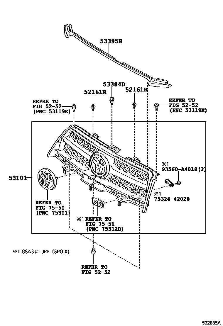 Toyota RAV4 radiator grille EPC diagram — 532835A