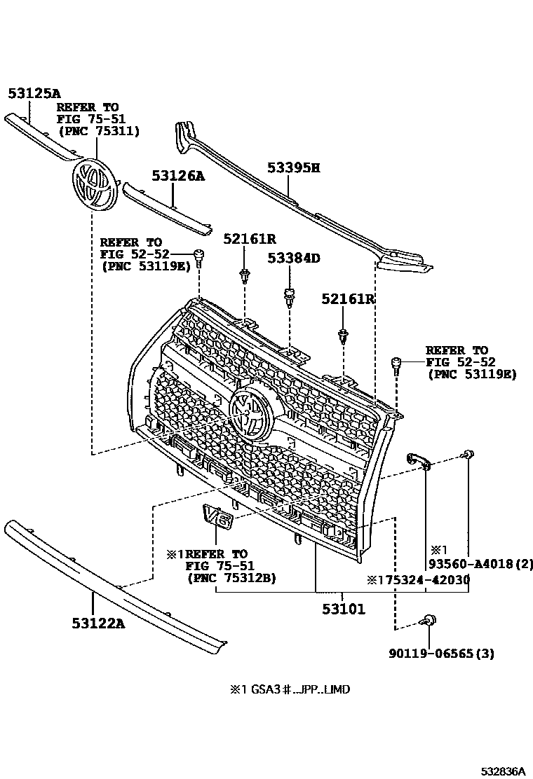 Toyota RAV4 radiator grille EPC diagram — 532836A