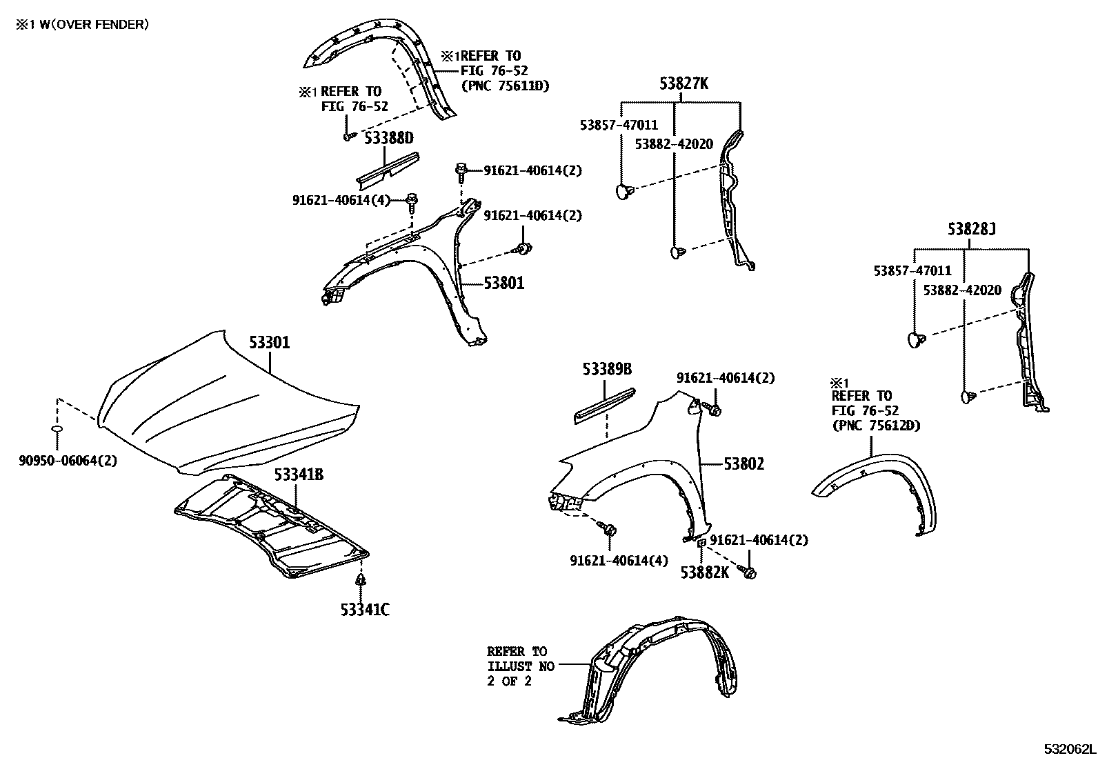 Toyota RAV4 发动机盖和前翼子板 EPC diagram — 532062L