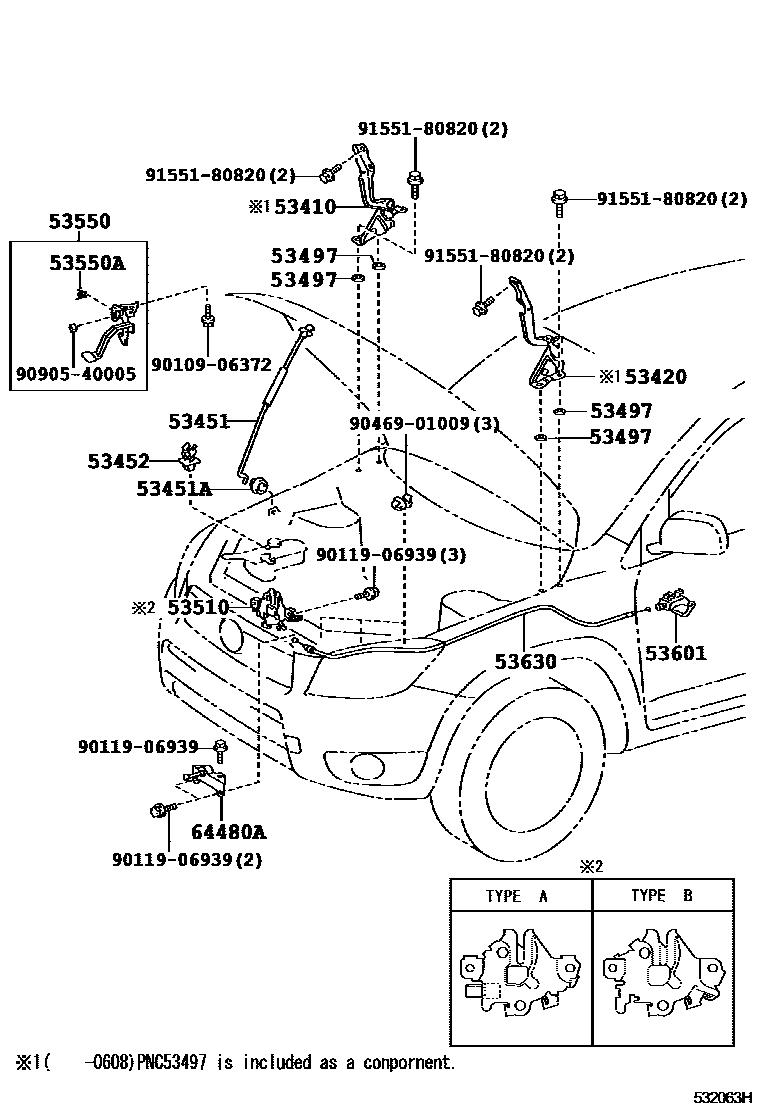 Toyota RAV4 发动机盖锁和铰链 EPC diagram — 532063H