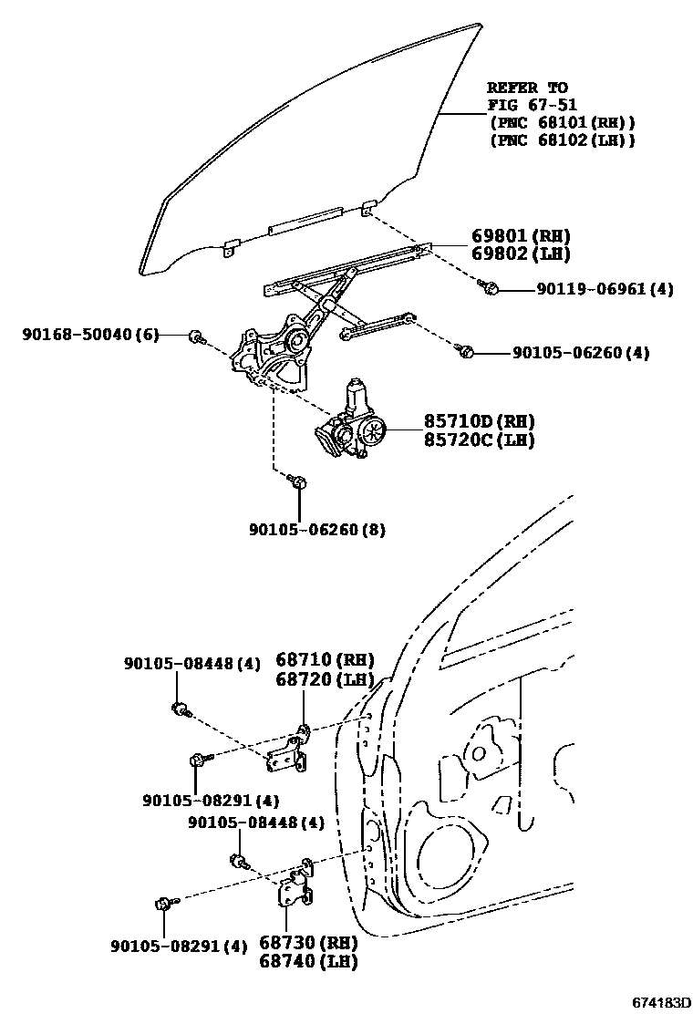 Toyota RAV4 前门车窗升降器和合页 EPC diagram — 674183D
