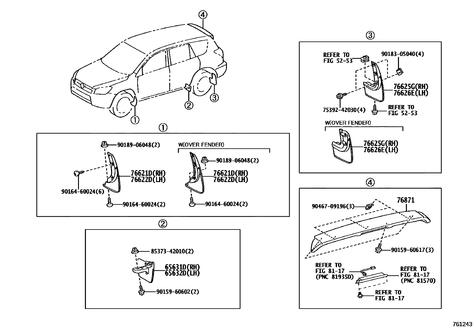 Toyota RAV4 扰流板和侧挡泥板 EPC diagram — 761243