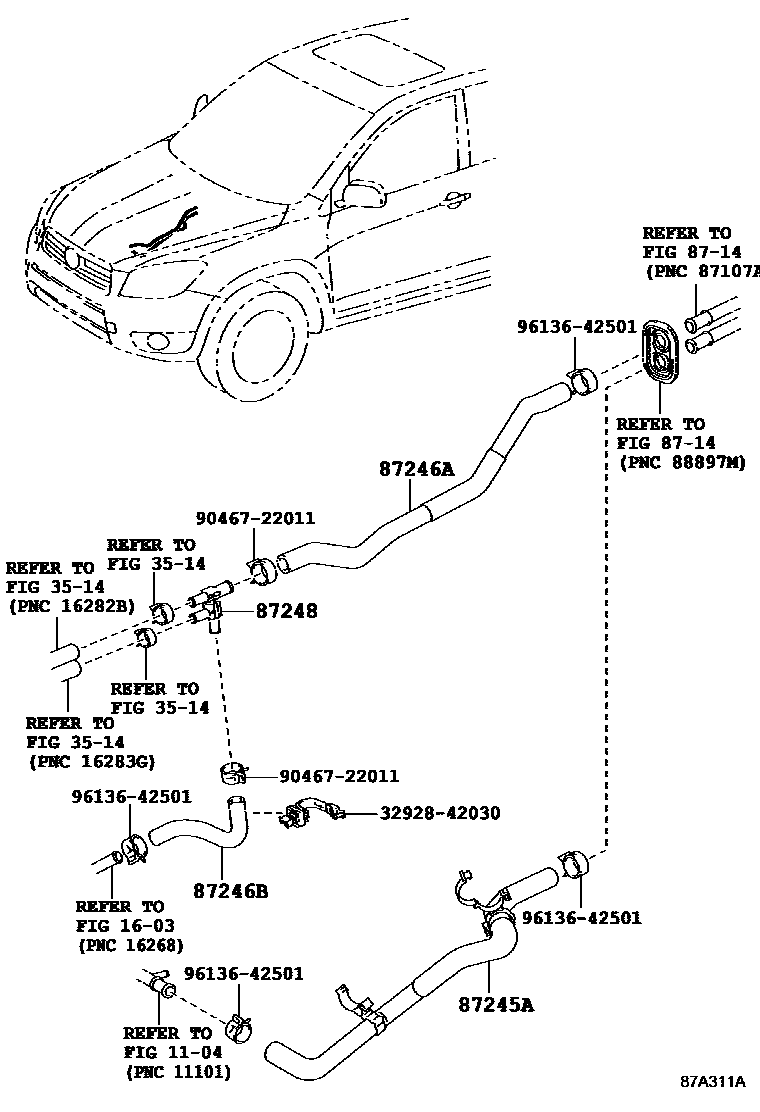 Toyota RAV4 暖风和空调系统 - 水管 EPC diagram — 87A311A