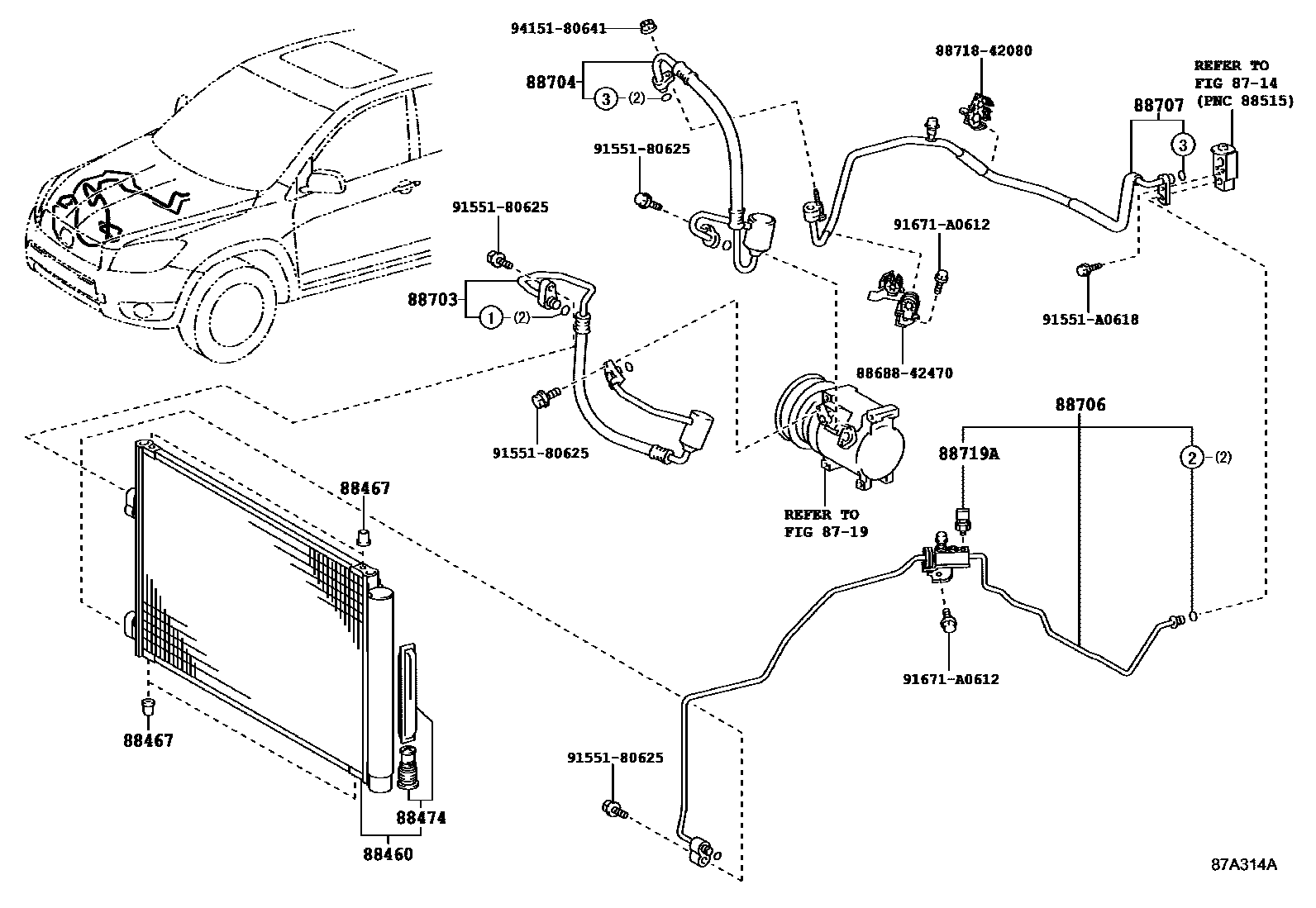 Toyota RAV4 Heating & Air Conditioning - Cooler Piping EPC diagram — 87A314A
