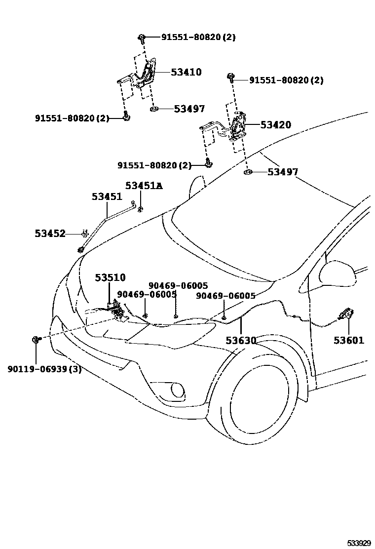 Toyota RAV4 发动机盖锁和铰链 EPC diagram — 533929