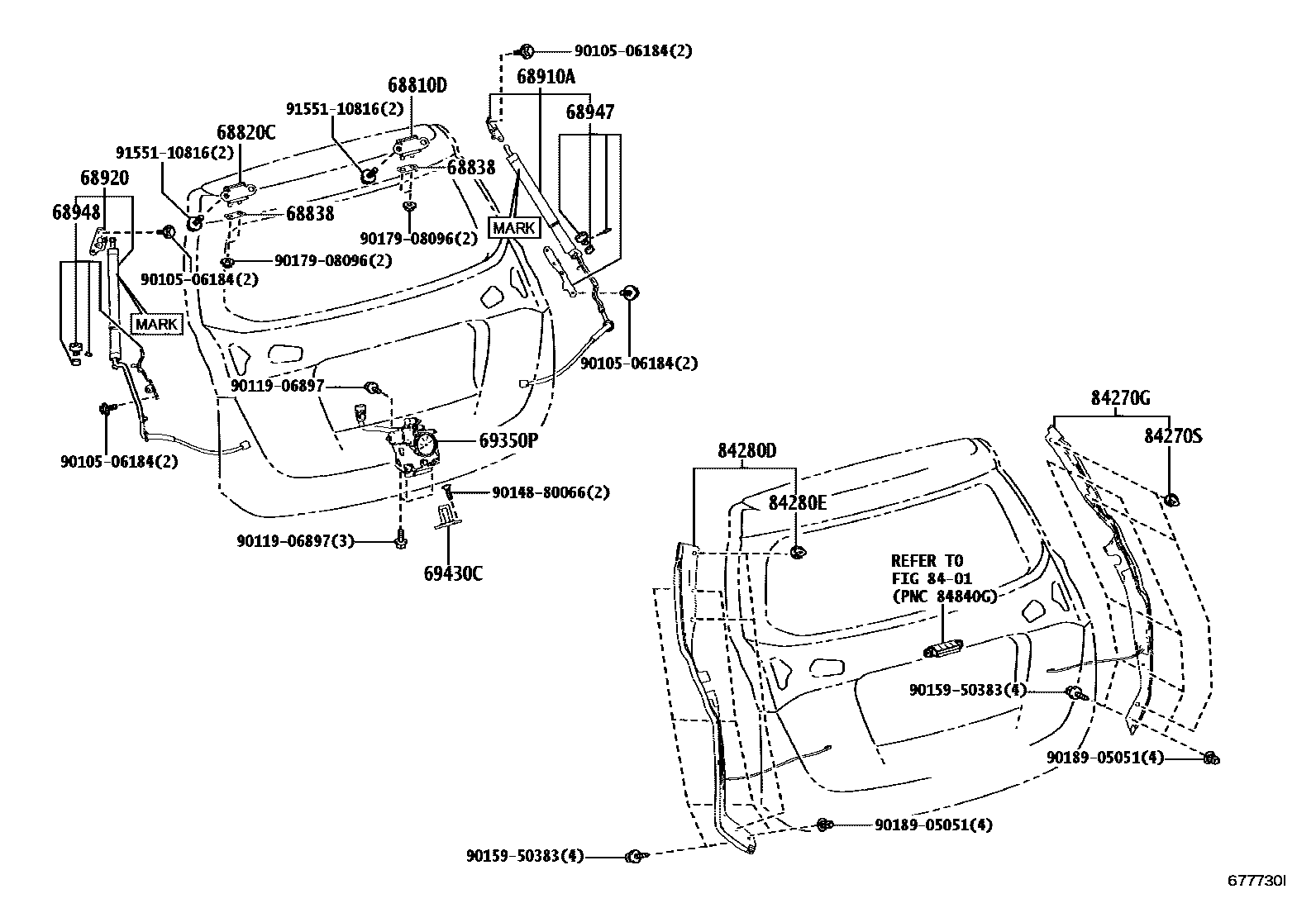 Toyota RAV4 背门锁和合页 EPC diagram — 677730I