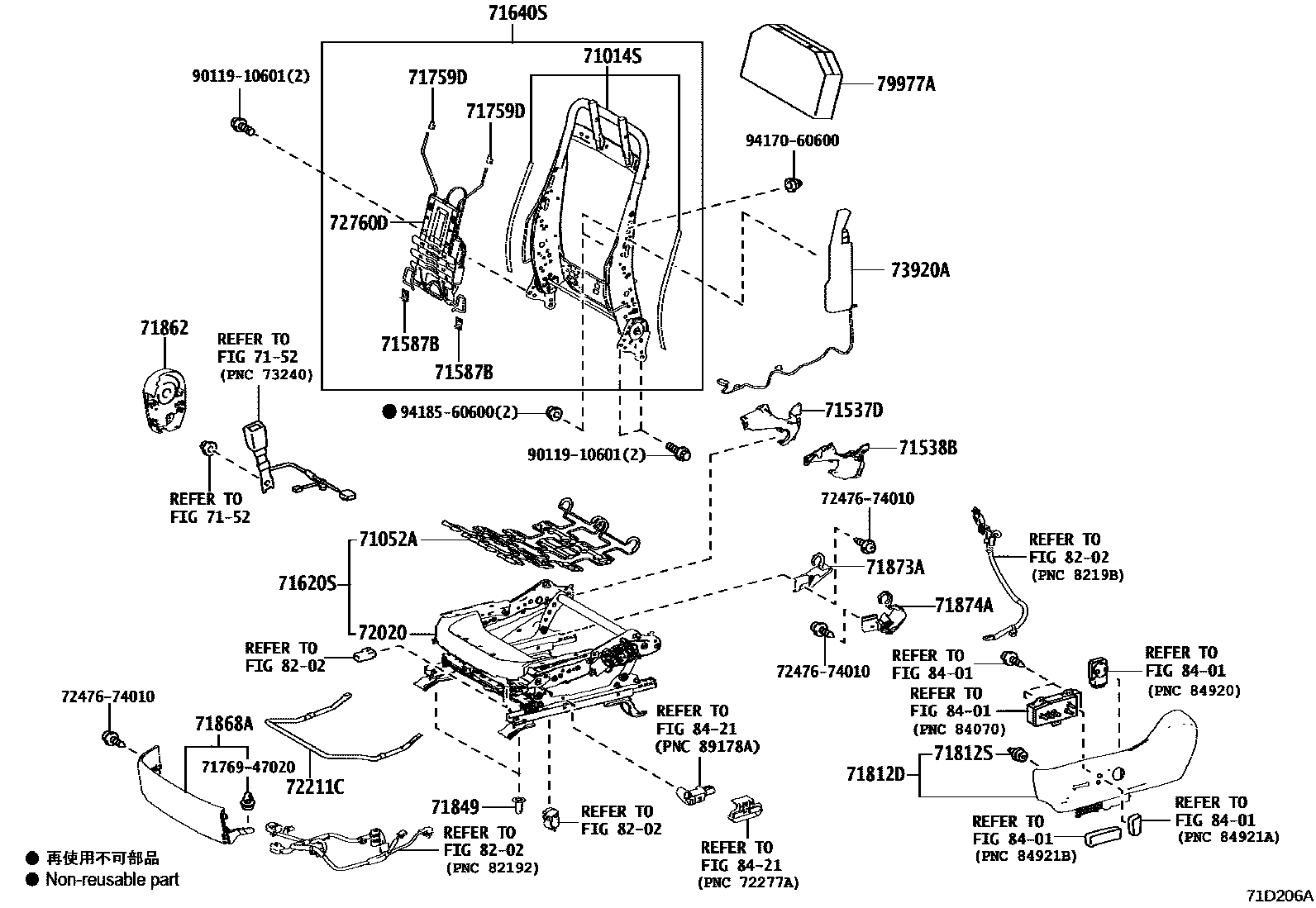 Toyota RAV4 座椅和座椅滑轨 EPC diagram — 71D206A