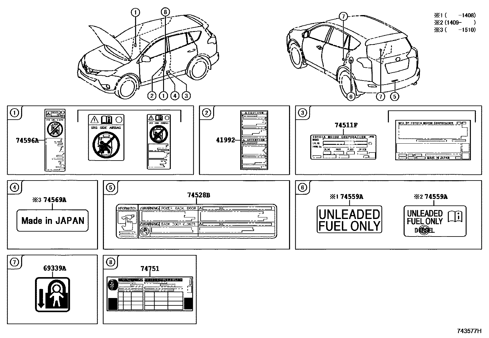 Toyota RAV4 warning nameplate EPC diagram — 743577H