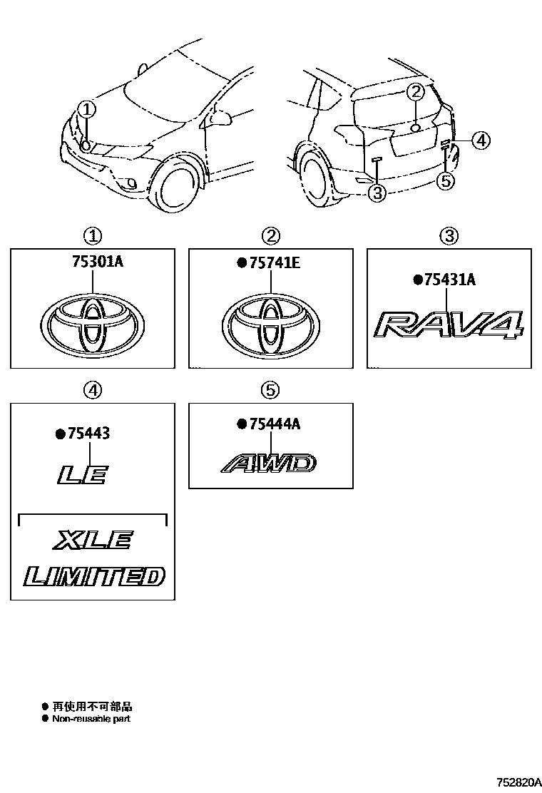 Toyota RAV4 徽标和铭牌 EPC diagram — 752820A